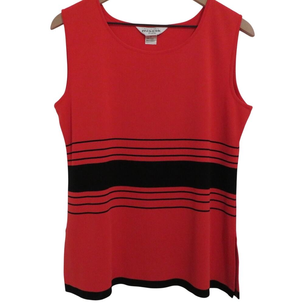 Misook Womens Sz L Red Orange Black Striped Sleeveless Knit Top